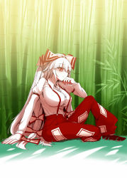 Rule 34 | 1girl, baggy pants, bamboo, bamboo forest, bright pupils, collared shirt, forest, fujiwara no mokou, full body, highres, long hair, long sleeves, nature, ofuda, ofuda on clothes, on ground, outdoors, pants, red eyes, red pants, shirt, sitting, sleeve garter, solo, suspenders, touhou, very long hair, white hair, white pupils, white shirt, yassy