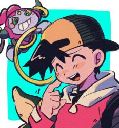 Rule 34 | 1boy, :d, :o, ^ ^, backwards hat, black hair, black headwear, black shirt, blush stickers, closed eyes, commentary request, creatures (company), cyndaquil, ethan (pokemon), film grain, game freak, gen 2 pokemon, gen 6 pokemon, green background, hand up, hat, highres, hoopa, hoopa (confined), index finger raised, jacket, legendary pokemon, long sleeves, male focus, mythical pokemon, nintendo, ok ko19, open mouth, pink jacket, pokemon, pokemon gsc, shirt, short hair, smile, teeth, tongue, upper teeth only