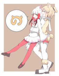 Rule 34 | 10s, 2girls, alpaca ears, alpaca suri (kemono friends), alpaca tail, animal ears, beige shorts, beige vest, blonde hair, blunt bangs, boots, brown background, closed eyes, extra ears, framed, frilled sleeves, frills, fur-trimmed sleeves, fur-trimmed vest, fur collar, fur trim, gloves, hair tie, hand on another&#039;s stomach, head wings, hifumitaka, hug, hug from behind, japanese crested ibis (kemono friends), japari symbol, kemono friends, long sleeves, miniskirt, multicolored hair, multiple girls, open mouth, outside border, own hands together, pantyhose, pleated skirt, red gloves, red hair, red legwear, short ponytail, shorts, skirt, speech bubble, tail, vest, white footwear, white hair, white legwear, white skirt, wide sleeves, wings, yellow eyes