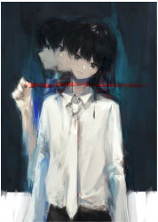 Rule 34 | 1girl, 7ife, absurdres, bad id, bad pixiv id, black eyes, black hair, closed mouth, collared shirt, double exposure, expressionless, hand up, highres, long hair, looking at viewer, necktie, original, painterly, profile, shirt, solo, upper body, white necktie, white shirt