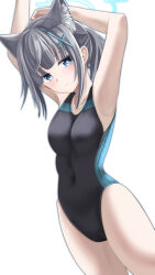 Rule 34 | 1girl, animal ear fluff, animal ears, armpits, arms behind head, arms up, black one-piece swimsuit, blue archive, blue eyes, breasts, collarbone, competition swimsuit, covered navel, cowboy shot, cross hair ornament, extra ears, grey hair, hair ornament, halo, highleg, highleg swimsuit, highres, looking at viewer, low ponytail, medium breasts, medium hair, mismatched pupils, multicolored clothes, multicolored swimsuit, official alternate costume, one-piece swimsuit, shiroko (blue archive), shiroko (swimsuit) (blue archive), solo, swimsuit, thighs, totororo, wolf ears