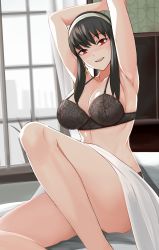 Rule 34 | 1girl, :d, absurdres, arms up, black bra, black hair, black panties, blanket, bra, breasts, earrings, feet out of frame, gold earrings, hairband, highres, holding own arm, jewelry, knees up, large breasts, long hair, nonoririn, open mouth, panties, red eyes, sidelocks, sitting, smile, solo, spy x family, teeth, thighs, underwear, underwear only, upper teeth only, white hairband, window, yor briar