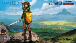 Rule 34 | 1boy, 1other, arrow (projectile), blue sky, boomerang, bow, brown hair, character name, elf, full body, hat, highres, landscape, link, looking at viewer, mountain, nintendo, pointy ears, shield, sky, sword, the legend of zelda, the legend of zelda (nes), title, triforce, tunic, water, weapon, zelda ii: the adventure of link
