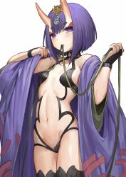 Rule 34 | 1girl, :&lt;, absurdres, akizone, black choker, bob cut, breasts, choker, commentary, cowboy shot, dressing, eyelashes, fate/grand order, fate (series), gem, green ribbon, groin, hair ornament, head tilt, highres, horns, japanese clothes, kimono, looking at viewer, mouth hold, navel, oni, open clothes, open kimono, purple eyes, purple hair, revealing clothes, ribbon, ribbon in mouth, short hair, shuten douji (fate), simple background, skin-covered horns, small breasts, solo, stomach, thighhighs, thighs, white background, wide sleeves