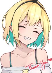 Rule 34 | :d, amano pikamee, artist name, black hairband, blonde hair, clenched teeth, collarbone, colored inner hair, commentary, english commentary, eyelashes, green hair, hairband, head tilt, highres, hitozche, multicolored hair, off-shoulder shirt, off shoulder, open mouth, sharp teeth, shirt, short hair, signature, simple background, smile, teeth, thank you, virtual youtuber, voms, white background, white shirt