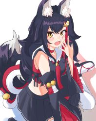 Rule 34 | absurdres, animal ears, bell, black hair, blush, commentary request, detached sleeves, fang, hair ornament, hairclip, hand up, highres, hololive, japanese clothes, long hair, looking at viewer, messy hair, ookami mio, ookami mio (1st costume), open mouth, sandals, seiza, simple background, sitting, solo, tail, thighhighs, virtual youtuber, white background, white thighhighs, wolf ears, wolf tail, yellow eyes