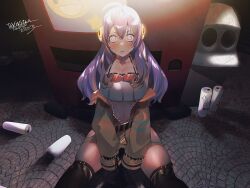 Rule 34 | !, 1girl, @ @, absurdres, belt, blush, breasts, cleavage, drooling, energy drink, goggles, goggles around neck, highres, hypnosis, indie virtual youtuber, jumpsuit, large breasts, long hair, medium breasts, mind control, navel, non-web source, on floor, orange goggles, pavement, purple hair, sitting, spread legs, staring, tank top, thighhighs, trash can, vending machine, virtual youtuber, vividly vivi, white eyes, white tank top, yellow jumpsuit