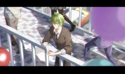 Rule 34 | 1boy, amami rantaro, antenna hair, balloon, bridge, brown jacket, brown necktie, buttons, car, chinese commentary, closed mouth, collared shirt, commentary request, danganronpa (series), danganronpa v3: killing harmony, day, expressionless, green eyes, green hair, hair between eyes, interlocked fingers, jacket, layered sleeves, letterboxed, light frown, long sleeves, looking at viewer, male focus, meipoi, motor vehicle, necktie, official alternate costume, outdoors, own hands together, railing, school uniform, shirt, short hair, solo focus, striped necktie, sweater jacket, tile floor, tiles, twitter username, walking, white shirt