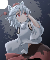 Rule 34 | 1girl, :o, adjusting hair, animal ears, anime coloring, blush, breasts, detached sleeves, gradient background, hand on own head, hat, inubashiri momiji, looking afar, midriff peek, moon, natsu no koucha, navel, night, pom pom (clothes), red eyes, short hair, skirt, sky, small breasts, solo, tokin hat, touhou, white hair, wolf ears