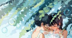 Rule 34 | 2girls, absurdres, black hair, blowing bubbles, bubble wand, closed eyes, closed mouth, commentary request, diving mask, face-to-face, facing another, goggles, green hair, hands up, highres, holding, medium hair, multiple girls, myango (applemangocrape), original, seaweed, short hair, sleeveless, snorkel, snorkel in mouth, soap bubbles, spaghetti strap, upper body, wolf cut, yuri