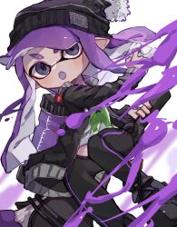 Rule 34 | 1girl, beanie, black footwear, black hat, black leggings, commentary request, hat, highres, holding, holding weapon, ink tank (splatoon), inkling, inkling girl, inkling player character, leggings, long hair, nintendo, octobrush (splatoon), open mouth, pointy ears, print shirt, purple eyes, purple hair, shirt, shoes, solo, splatoon (series), tentacle hair, thick eyebrows, v-shaped eyebrows, weapon, white background, white shirt, yksb inc6