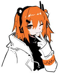 1girl a.i._voice adachi_rei black_shirt closed_mouth coat cropped_torso gloves hair_between_eyes haisoufx hand_up headphones long_sleeves one_eye_closed orange_eyes orange_hair shirt side_ponytail simple_background smile solo upper_body utau v_over_mouth white_background white_coat white_gloves