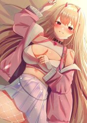 Rule 34 | bare shoulders, black collar, blush, breasts, chain, chest harness, cleavage, collar, crop top, fishnet pantyhose, fishnets, goddess of victory: nikke, grin, hair intakes, harness, heart, heart-shaped pupils, heart collar, horns, jacket, junineu, large breasts, light brown hair, long hair, looking at viewer, lying, mask, mask pull, mole, mole under eye, mouth mask, nail polish, on back, on bed, pantyhose, pink horns, pink jacket, pleated skirt, red eyes, sidelocks, skirt, smile, symbol-shaped pupils, viper (nikke), white nails, zipper