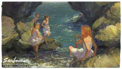 Rule 34 | 4girls, alphonse (white datura), bare shoulders, barefoot, blonde hair, bow, braid, brown eyes, brown hair, chromatic aberration, clothes lift, day, dress, dress lift, english text, glasses, hair bow, hair over shoulder, hairband, highres, lifted by self, long hair, looking at another, looking at viewer, looking away, multiple girls, open mouth, original, outdoors, red-framed eyewear, rock, see-through, short hair, sitting, smile, standing, strapless, strapless dress, water, white dress, wind