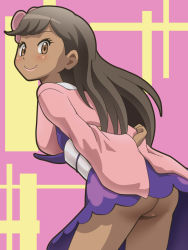 Rule 34 | 10s, 1girl, arms behind back, ass, awa, blush, breasts, brown eyes, brown hair, creatures (company), dark-skinned female, dark skin, female focus, flower, from behind, furisode, furisode girl (pokemon), furisode girl blossom, game freak, hair flower, hair ornament, japanese clothes, kimono, leaning forward, long hair, long sleeves, looking at viewer, looking back, medium breasts, nintendo, npc trainer, pink background, pink flower, pink kimono, pokemon, pokemon xy, sash, simple background, smile, solo, standing, two-tone background, upskirt
