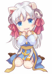 Rule 34 | 1girl, animal ears, arch bishop (ragnarok online), black footwear, blue dress, blue eyes, blush, bow, chibi, commentary request, cross, dog ears, dress, fishnet thighhighs, fishnets, floppy ears, full body, hair bow, high heels, juliet sleeves, long hair, long sleeves, looking at viewer, lowres, open mouth, puffy sleeves, ragnarok online, red bow, sash, simple background, sion (blackhorse), sitting, smile, solo, thighhighs, two-tone dress, wariza, white background, white dress, white hair, white thighhighs, yellow sash, yin yang, yin yang hair ornament