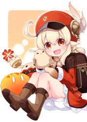 Rule 34 | 1girl, :d, ahoge, backpack, bag, blonde hair, bloomers, blush, boots, brown eyes, brown footwear, brown gloves, cabbie hat, commentary request, dress, feathers, full body, genshin impact, gloves, hair between eyes, harada (sansei rain), hat, hat feather, holding, klee (genshin impact), knees up, long hair, long sleeves, looking at viewer, low twintails, open mouth, pointy ears, puffy long sleeves, puffy sleeves, red dress, red hat, shoe soles, sitting, smile, solo, twintails, underwear, white bloomers, white feathers