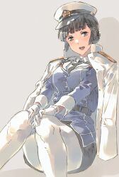 Rule 34 | 1girl, black hair, black skirt, braid, braided bun, breasts, brown eyes, brown hair, buttoned cuffs, buttons, gloves, grey background, hair bun, hair ornament, hairclip, hat, highres, jacket, jacket on shoulders, kantai collection, long hair, long sleeves, looking at viewer, medium breasts, military, military hat, military jacket, military uniform, myoukou (kancolle), myoukou kai ni (kancolle), open mouth, pantyhose, peaked cap, pencil skirt, purple jacket, simple background, single hair bun, sitting, skirt, smile, solo, suzumaru, uniform, white gloves, white jacket, white pantyhose