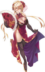 Rule 34 | 1girl, alternate costume, black gloves, black thighhighs, blonde hair, breasts, bridal gauntlets, center opening, china dress, chinese clothes, cleavage, commentary, dress, fang, flower, folding fan, full body, gloves, gold footwear, hair between eyes, hair flower, hair ornament, hand fan, high heels, highres, holding, holding fan, large breasts, leaf print, long hair, looking at viewer, nijisanji, no panties, nui sociere, open mouth, pelvic curtain, red dress, sagging breasts, short hair with long locks, side slit, simple background, skindentation, sleeveless, sleeveless dress, smile, solo, standing, standing on one leg, thighhighs, thighs, thomasz, virtual youtuber, white background, yellow eyes