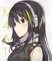 Rule 34 | 1girl, black hair, black shirt, blush, brown eyes, character name, commentary, craytm, english commentary, from side, girls&#039; frontline, green hair, grey background, hair between eyes, headphones, highres, long hair, looking away, m4a1 (girls&#039; frontline), multicolored hair, parted lips, portrait, shirt, simple background, sleeveless, sleeveless shirt, solo, streaked hair, twitter username