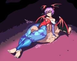 Rule 34 | 1boy, 1girl, absurdres, animal print, bald, bat print, bat wings, between thighs, blue pantyhose, blue toenails, bridal gauntlets, capcom, captain kirb, clothed female nude male, demon girl, elbow gloves, erection, faceless, faceless male, feet, femdom, flat chest, gloves, head between thighs, head wings, highres, leotard, lilith aensland, low wings, motion lines, nail polish, nude, pantyhose, penis, print pantyhose, purple hair, red eyes, red leotard, restrained, scissorhold, short hair, smother, stirrup legwear, thick thighs, thighs, toeless legwear, toenail polish, toenails, vampire (game), veins, veiny penis, wide hips, wings
