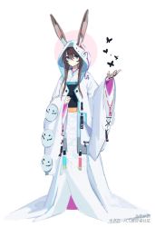 Rule 34 | 1girl, absurdres, alternate costume, amiya (arknights), animal ears, arknights, blue eyes, brown hair, closed mouth, copyright notice, dong muxing, full body, hair between eyes, hand up, highres, hood, hood up, hooded kimono, japanese clothes, jewelry, kimono, long sleeves, looking at viewer, mask, obi, rabbit ears, ring, sash, short hair with long locks, simple background, sleeves past wrists, smile, solo, split mouth, white background, white kimono, wide sleeves