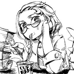 Rule 34 | 1girl, alphys, blush, book, book stack, cup ramen, deng shi, eating, food, glasses, greyscale, hair ornament, tucking hair, hairclip, humanization, lab coat, looking at viewer, monochrome, noodles, personification, short hair, solo, tail, undertale