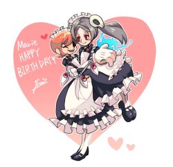 Rule 34 | 2girls, apron, birthday, black nail polish, bloody marie (skullgirls), blush, brooch, carrying, cuddling, cyborg, dress, eyelashes, fire, frilled apron, frilled dress, frills, full body, geruo, gloves, grey hair, heart, holding hands, jewelry, looking at another, maid headdress, mary janes, multiple girls, one eye closed, orange hair, peacock (skullgirls), princess carry, red eyes, shoes, short hair, skullgirls, smile, standing, twintails, yuri