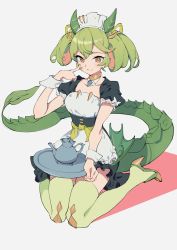 Rule 34 | 1girl, 523 (user efcm2455), absurdres, brown eyes, dragon girl, dragon tail, dragonmaid (yu-gi-oh!), duel monster, finger to cheek, green hair, highres, holding, holding tray, looking at viewer, parlor dragonmaid, seiza, sitting, solo, tail, thighhighs, tray, yu-gi-oh!