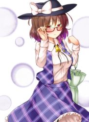 Rule 34 | 1girl, adjusting eyewear, aka tawashi, black hat, black neckwear, black ribbon, blush, bow, breasts, brown hair, circle, commentary request, fedora, feet out of frame, glasses, gradient hair, hair between eyes, hands up, hat, hat bow, highres, long sleeves, looking at viewer, medium breasts, multicolored hair, petticoat, plaid, plaid skirt, plaid vest, purple hair, purple skirt, purple vest, red-framed eyewear, red eyes, ribbon, shirt, short hair, skirt, solo, standing, touhou, umbrella, usami sumireko, vest, white background, white bow, white shirt, wing collar