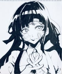 Rule 34 | 1girl, apron, bandaid, bandaid on cheek, bandaid on face, closed mouth, collared shirt, commentary request, danganronpa (series), danganronpa 2: goodbye despair, greyscale, highres, interlocked fingers, long hair, looking at viewer, monochrome, portrait, shirt, solo, traditional media, tsumiki mikan, tsunemi aosa, upper body