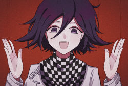 Rule 34 | 1boy, :d, black neckwear, blush, checkered clothes, checkered neckwear, checkered scarf, commentary request, danganronpa (series), danganronpa v3: killing harmony, grey jacket, hair between eyes, hands up, highres, jacket, long sleeves, looking at viewer, male focus, nk (dzzx8334), open mouth, oma kokichi, portrait, purple eyes, purple hair, red background, scarf, simple background, smile, solo, teeth, upper body, upper teeth only, white neckwear