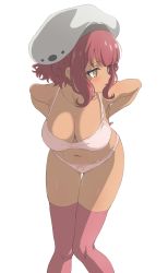 Rule 34 | 1girl, absurdres, arms behind back, bare arms, beret, blush, bow, bow panties, bra, braid, breasts, brown eyes, cleavage, collarbone, dark-skinned female, dark skin, feet out of frame, hat, highres, holt (mahoutsukai reimeiki), knees together feet apart, large breasts, leaning forward, lips, looking away, mahoutsukai reimeiki, navel, panties, parted lips, pink hair, pink thighhighs, short hair, sidelocks, simple background, sincos, solo, stomach, thighhighs, turning head, underwear, underwear only, white background, white bra, white hat, white panties