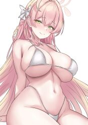 Rule 34 | 1girl, absurdres, arm support, bikini, blue archive, blush, breasts, cleavage, green eyes, hanako (blue archive), highres, large breasts, legs, long hair, looking at viewer, navel, pink hair, seductive smile, smile, solo, swimsuit, thick thighs, thighs, thong bikini, very long hair, white bikini
