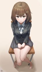 Rule 34 | 1girl, bad id, bad pixiv id, barefoot, blazer, blurry, brown hair, chair, commentary, dated, depth of field, dream mouse, from above, hair between eyes, hair ornament, hairclip, highres, jacket, looking at viewer, miniskirt, original, school uniform, short hair, sitting, skirt, solo, sweatdrop, symbol-only commentary