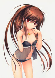 Rule 34 | 1girl, absurdres, babydoll, bell, black bra, black panties, black ribbon, blush, bra, breasts, brown hair, cleavage, closed mouth, collarbone, cowboy shot, floating hair, grey background, hair between eyes, halterneck, highres, jewelry, leaning forward, lingerie, little busters!, long hair, looking at viewer, na-ga, natsume rin, navel, necklace, panties, ponytail, red eyes, ribbon, see-through, simple background, small breasts, solo, standing, underwear, underwear only, very long hair
