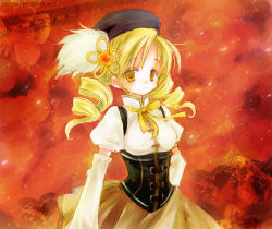Rule 34 | 10s, 1girl, bad id, bad pixiv id, beret, blonde hair, brown dress, corset, detached sleeves, dress, drill hair, hat, kaylin, magical girl, mahou shoujo madoka magica, mahou shoujo madoka magica (anime), red background, ribbon, skirt, smile, solo, tomoe mami, twin drills, twintails, yellow eyes