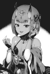 Rule 34 | 1girl, alcohol, bare shoulders, bob cut, bow, breasts, bridal gauntlets, collarbone, cup, eyeliner, fate/grand order, fate (series), greyscale, hair bow, hair ornament, headpiece, highres, horns, long sleeves, looking at viewer, makeup, monochrome, obi, off shoulder, oni, open mouth, pointy ears, revealing clothes, sakazuki, sake, sash, short eyebrows, short hair, shuten douji (fate), skin-covered horns, small breasts, smile, sumisu (mondo), wide sleeves