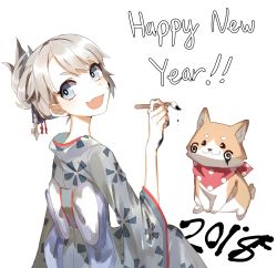 Rule 34 | 2018, :d, absurdres, bad id, bad twitter id, blue eyes, blush, bow, bright pupils, calligraphy brush, chinese zodiac, commentary, dog, drawing on another&#039;s face, english commentary, english text, fang, fingernails, folded ponytail, from behind, grey kimono, happy new year, highres, japanese clothes, kimono, long sleeves, looking at viewer, looking back, new year, open mouth, original, paint splatter, paint splatter on face, paintbrush, simple background, skin fang, smile, tsu (lovesick1964), white background, wide sleeves, year of the dog
