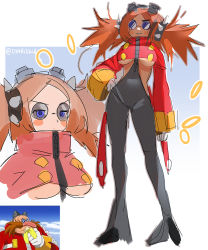 Rule 34 | 1girl, @ (symbol), banana, bell-bottoms, blue eyes, breasts, brown hair, dr. eggman, dyarikku, flat color, food, fruit, genderswap, glasses, goggles, goggles on head, jewelry, large breasts, pants, ring, signature, sketch, sonic (series), spiked hair, sunglasses, twintails, underboob, white background