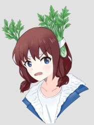 Rule 34 | 1girl, blue eyes, blue jacket, blush, brown hair, celery, collarbone, commentary request, cropped torso, food, girls band cry, grey background, highres, iseri nina, jacket, looking at viewer, low twintails, open mouth, sagittarius (cruxhkg), shirt, short hair, short twintails, simple background, solo, teeth, twintails, upper body, upper teeth only, vegetable, white shirt