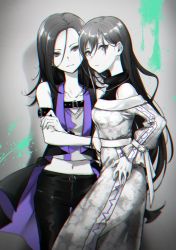 Rule 34 | 2girls, arm belt, bang dream!, bracelet, chest belt, chromatic aberration, clothing cutout, collarbone, crossed arms, hair between eyes, hanazono tae, hand on own hip, highres, jewelry, leather, leather pants, long hair, looking at viewer, midriff, multiple girls, navel, no bangs, paint splatter, pants, parted lips, shiontaso, shirt, shoulder cutout, sleeveless, sleeveless jacket, smile, spot color, turtleneck, very long hair, wakana rei