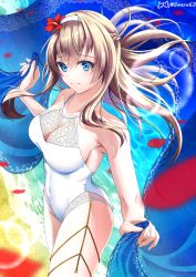 Rule 34 | 1girl, blonde hair, blue eyes, braid, breasts, casual one-piece swimsuit, cleavage, commission, cowboy shot, flower, french braid, hachiware (8ware63), hair flower, hair ornament, hairband, highres, kantai collection, large breasts, long hair, looking at viewer, one-piece swimsuit, pixiv commission, smile, solo, swimsuit, towel, warspite (kancolle), white hairband, white one-piece swimsuit