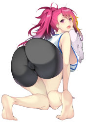 Rule 34 | 1girl, all fours, ass, barefoot, bike shorts, black shorts, blonde hair, blush, breasts, feet, hinazuka ryou, idolmaster, idolmaster million live!, large breasts, long hair, looking at viewer, looking back, maihama ayumu, multicolored hair, open mouth, pink eyes, pink hair, ponytail, shorts, sideboob, simple background, smile, solo, tank top, thighs, towel, white background, white tank top