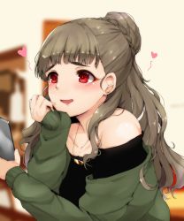 Rule 34 | 1girl, blunt bangs, blush, brown hair, cardigan, cellphone, commentary request, eyebrows, hair bun, hand on own chin, head rest, heart, highres, holding, holding phone, idolmaster, idolmaster cinderella girls, indoors, jewelry, kamiya nao, long hair, necklace, open mouth, phone, red eyes, ryuu., single hair bun, sitting, smartphone, solo, thick eyebrows, wavy hair