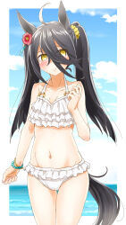 Rule 34 | 1girl, ahoge, alternate costume, animal ears, bare shoulders, bead bracelet, beads, bikini, black hair, blush, bracelet, breasts, cloud, cowboy shot, day, embarrassed, frilled bikini, frills, frown, groin, hair between eyes, hair ornament, hair scrunchie, hand up, highres, horse ears, horse girl, horse tail, jewelry, long hair, looking at viewer, manhattan cafe (umamusume), multicolored hair, navel, outdoors, punto, scrunchie, small breasts, solo, standing, streaked hair, swimsuit, tail, twintails, umamusume, white bikini
