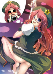 Rule 34 | 1girl, ass, bespectacled, blue eyes, braid, breasts, china dress, chinese clothes, dress, female focus, glasses, hat, hong meiling, long hair, no panties, panty &amp; stocking with garterbelt, parody, pole, pole dancing, red hair, solo, star (symbol), stripper pole, tekehiro, touhou, translated, tube, twin braids