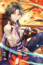 Rule 34 | 1boy, arm tattoo, autumn, autumn leaves, bead necklace, beads, closed mouth, dappled sunlight, diamond-shaped pupils, diamond (shape), fcc (fengcheche), fingerless gloves, fingernails, genshin impact, gloves, green hair, highres, holding, holding instrument, instrument, jewelry, kaedehara kazuha, looking at viewer, male focus, mask, multicolored hair, necklace, out of frame, single bare shoulder, slit pupils, streaked hair, sunlight, symbol-shaped pupils, tassel, tattoo, xiao (genshin impact), yellow eyes