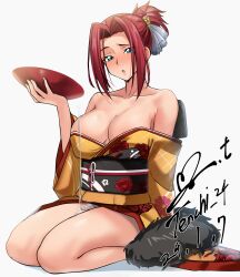 Rule 34 | 1girl, absurdres, alcohol, alternate costume, alternate hairstyle, blue eyes, breasts, code geass, commentary request, cup, dated, drunk, grey background, hair up, high ponytail, highres, japanese clothes, kouzuki kallen, kimono, large breasts, obi, obijime, off shoulder, open mouth, pouring, pouring onto self, red hair, sakazuki, sake, sash, seiza, short hair, signature, sitting, solo, thighs, wakamezake, yellow kimono, yoo tenchi