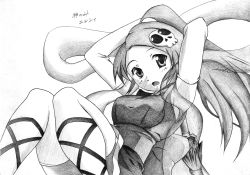 Rule 34 | 1girl, absurdres, armpits, arms behind head, blush, breasts, cross-laced footwear, elbow gloves, elysia de lute ima, gloves, greyscale, hair ornament, highres, icchigood, kami nomi zo shiru sekai, long hair, looking at viewer, monochrome, open mouth, ponytail, shawl, signature, skull hair ornament, solo, thighhighs, traditional media, very long hair, white background